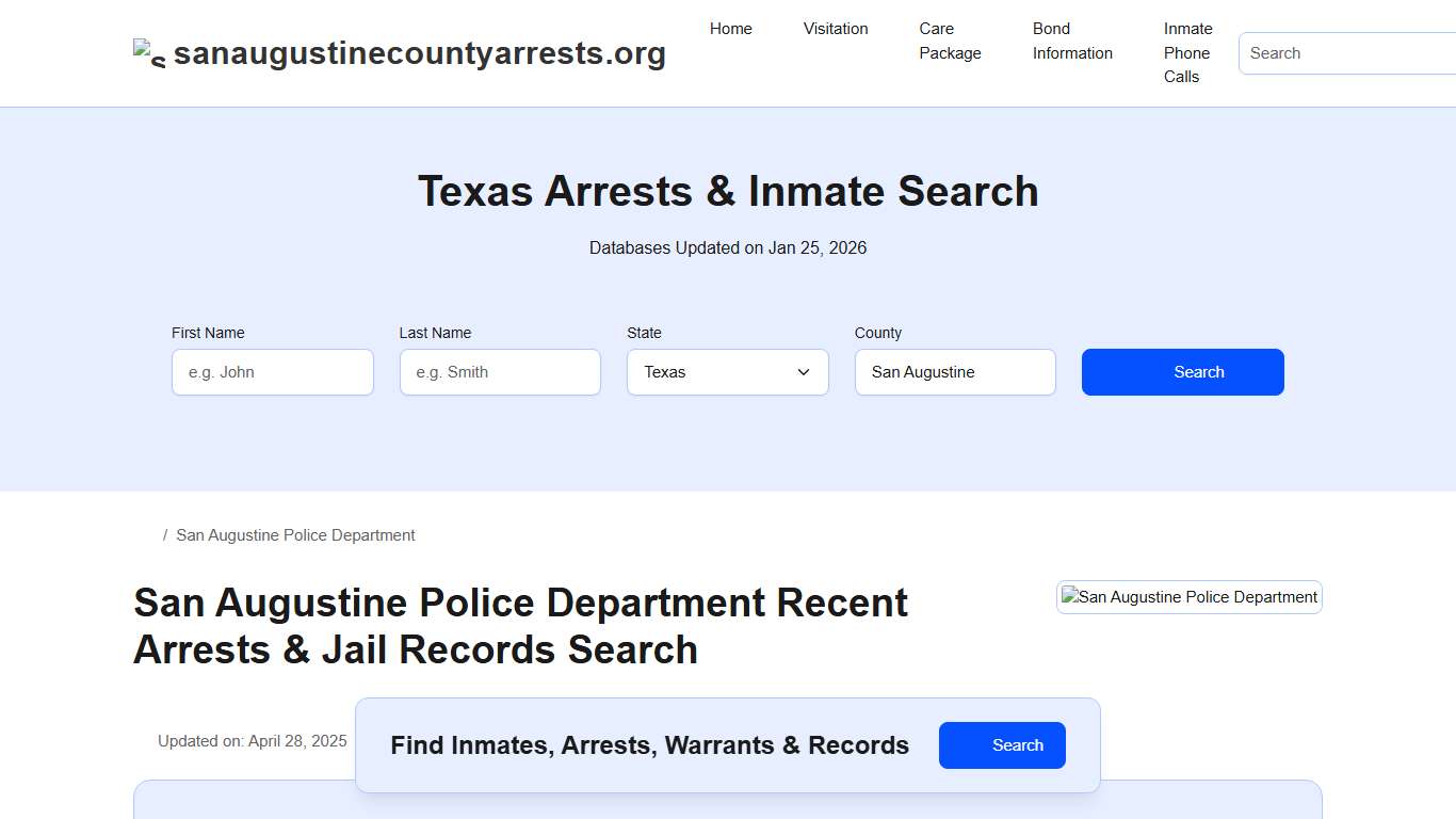 San Augustine Police Department, TX Arrests, Records, Jail Roster Lookup